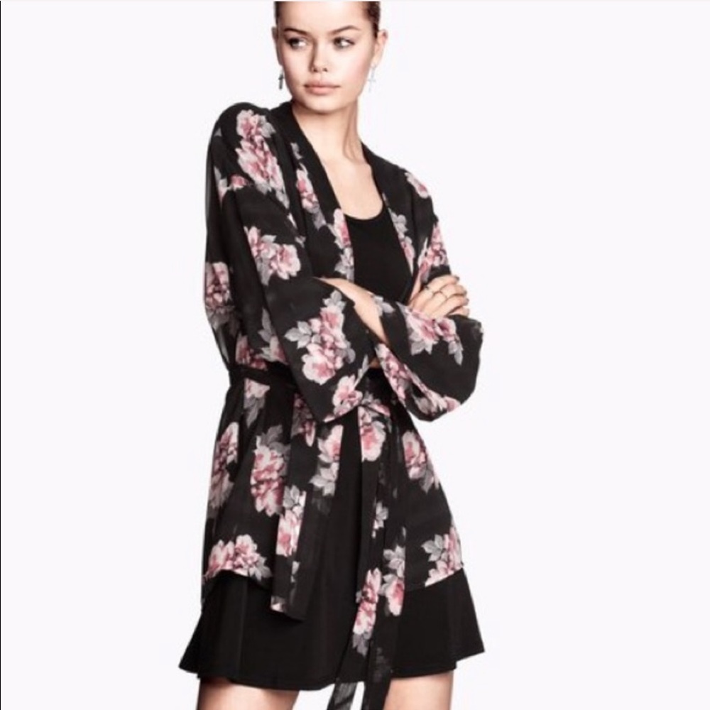 H&M Floral Kimono Top with Waist Tie
